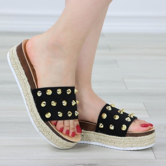 Black Platform Sandals Gold Studs Woven Midsole Chunky Sole Slip-On - Picture 5 of 11